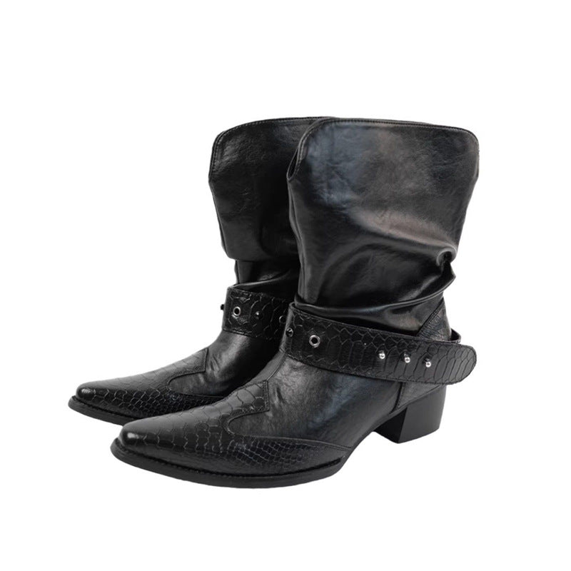 Damen Cowboystiefel mit spitzer Zehenpartie, Schlangenprägung und Nietenriemen Shop Nory