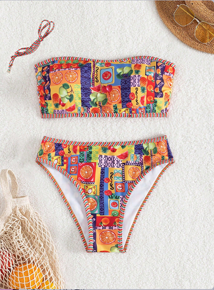 Damen Bandeau-Bikini mit fröhlichem Fruchtmuster
