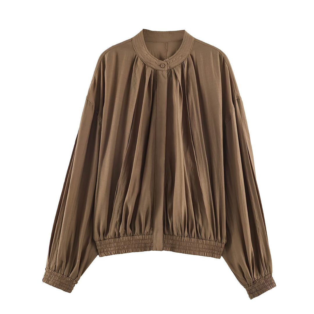 Damen Leichte Plissierte Blousonjacke mit Rundkragen, Ballonärmeln und gesmoktem Saum Shop Nory