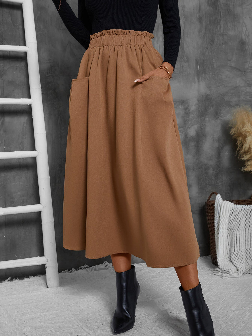 Damen Luftiger Midirock mit elastischem Bund und praktischen Taschen Shopnory
