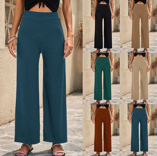 Damen Weite, gestreifte Plisseehose mit hohem Bund und elastischem Taillenbund