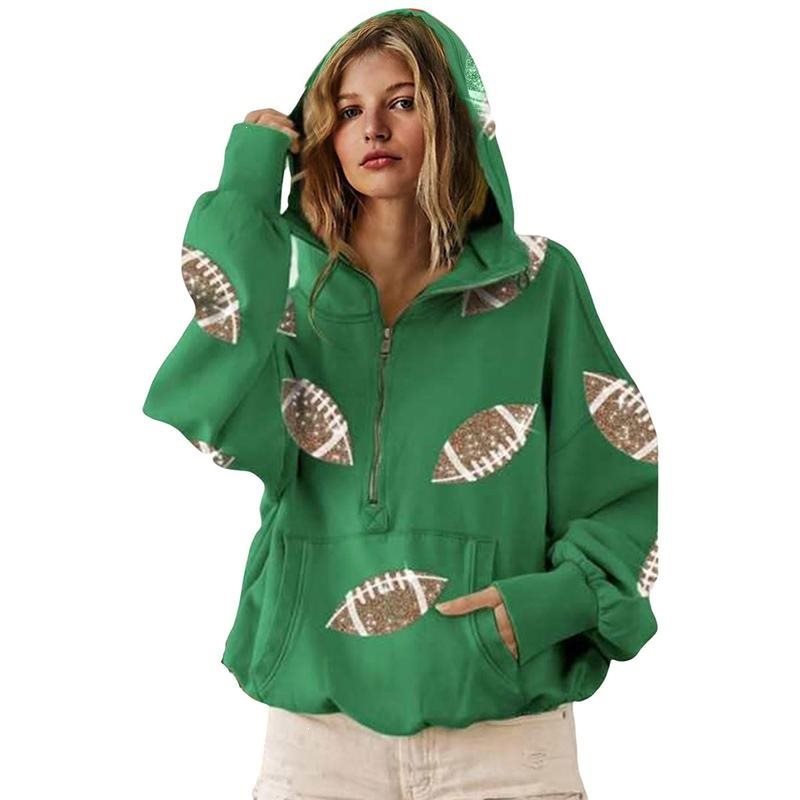 Damen Oversized Kapuzenpullover mit halbem Reißverschluss und Pailletten‑Football-Applikation Shop Nory