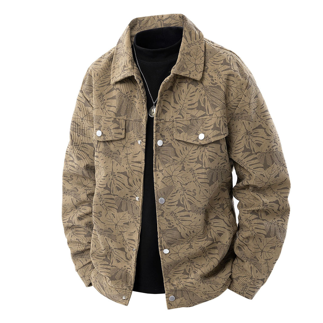 Herren Kordjacke im Truckerstil mit tonalem Blattmuster, Druckknopf‑Front und Pattentaschen Shop Nory