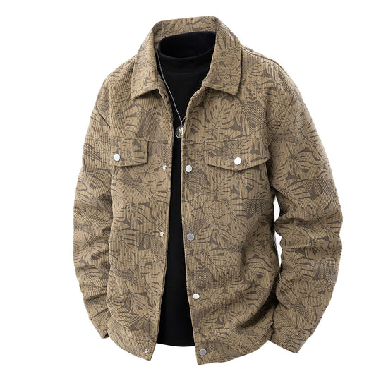 Herren Kordjacke im Truckerstil mit tonalem Blattmuster, Druckknopf‑Front und Pattentaschen Shop Nory