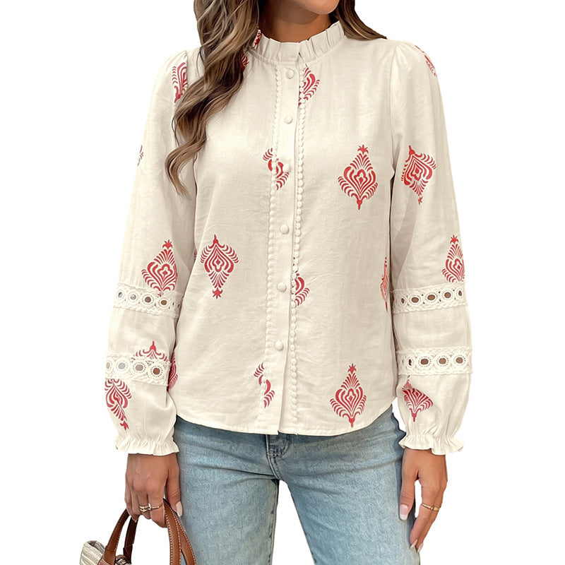 Damen Gemusterte Bluse mit Stehkragen, Zierknopfleiste und Häkelbesatz an Ärmeln Shop Nory