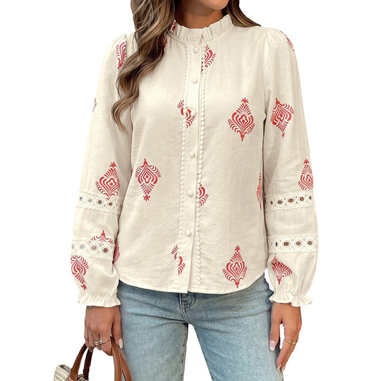 Damen Gemusterte Bluse mit Stehkragen, Zierknopfleiste und Häkelbesatz an Ärmeln Shop Nory