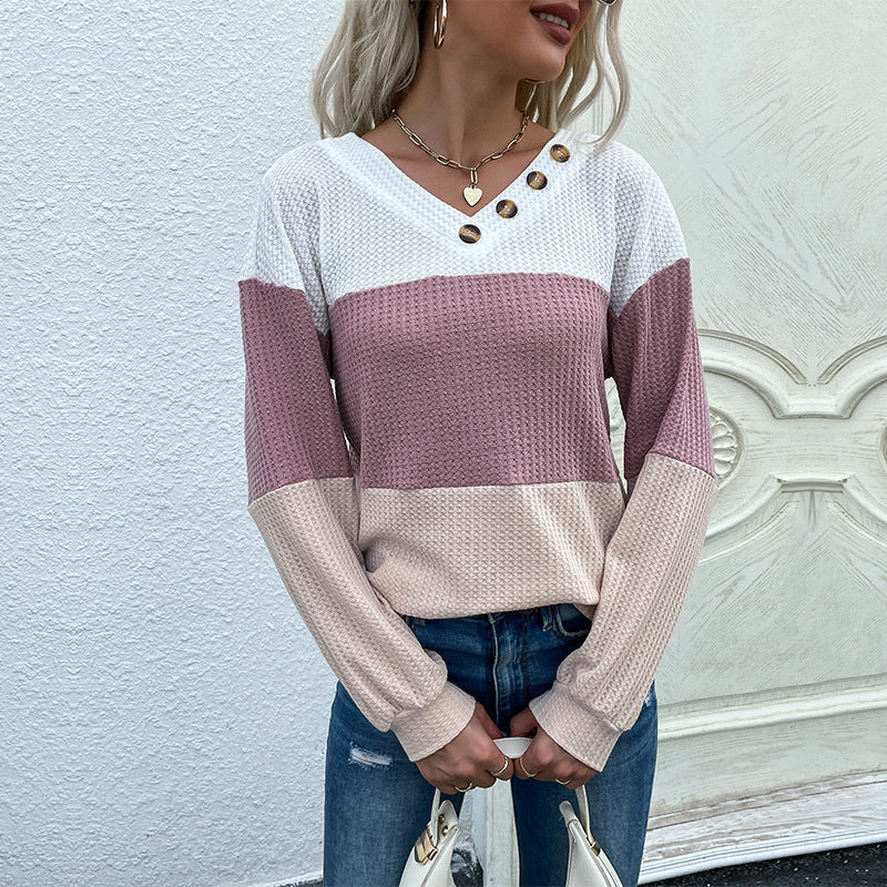 Damen Garnstruktur-Colorblock-Pullover mit V‑Ausschnitt und Zierknopfleiste Shop Nory