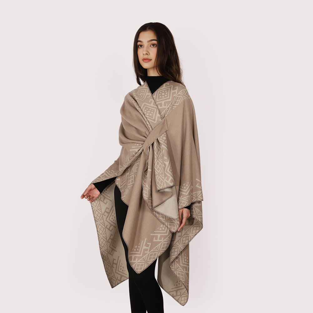 Damen Reversibler Wollmix-Cape mit Bindeschlaufe und feinem Jacquardmuster Shop Nory