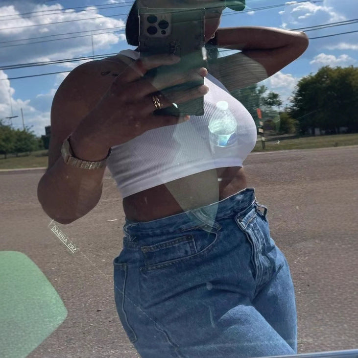 Damen Hochgeschnittene Cropped-Mom-Jeans mit asymmetrischem Bund und geradem Bein Shop Nory