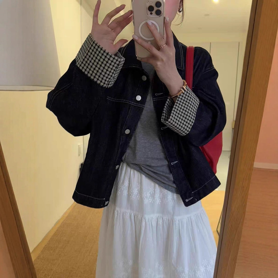 Damen Oversized Jeansjacke mit kontrastiertem Karo-Futter und Umschlagmanschetten Shop Nory