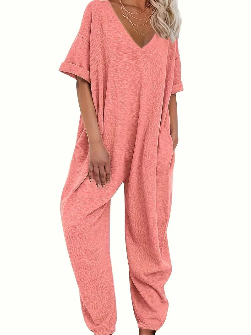 Damen Oversized Jumpsuit mit tiefem V-Ausschnitt und lässigen Taschen