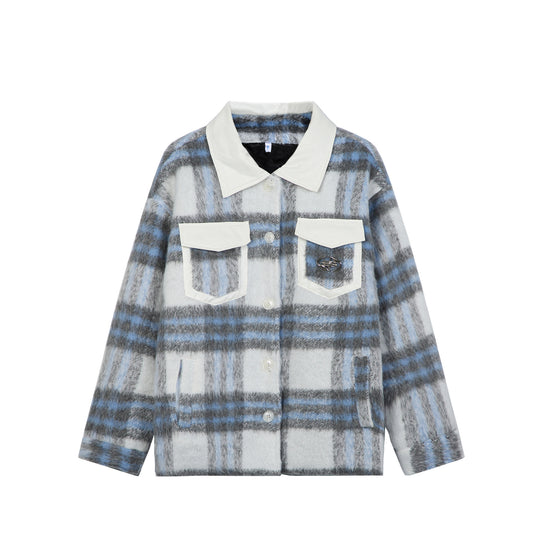 Damen Kariertes Wollmix-Shacket mit kontrastierendem Kunstlederkragen Shop Nory