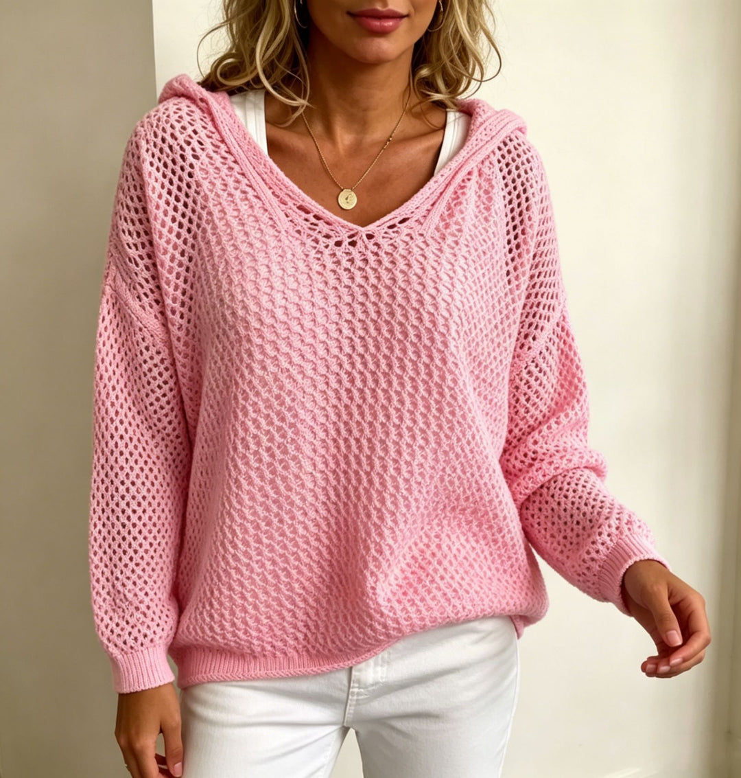 Damen Grobgestrickter V-Ausschnitt-Pullover mit Kapuze und Lochmuster Shop Nory