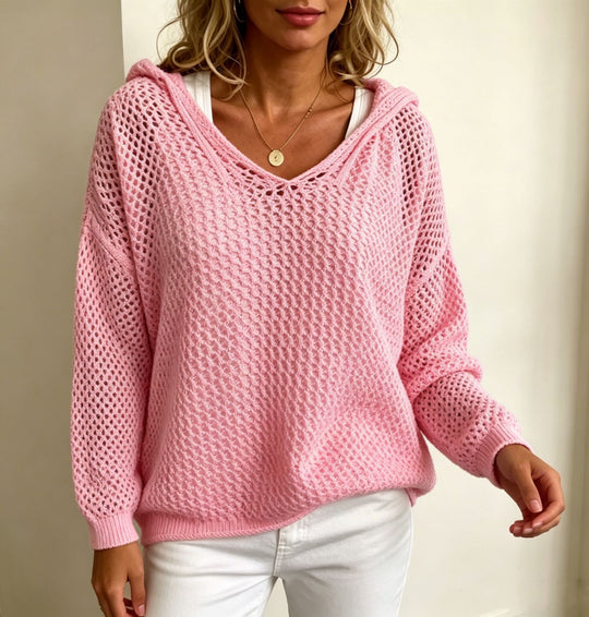 Damen Grobgestrickter V-Ausschnitt-Pullover mit Kapuze und Lochmuster Shop Nory