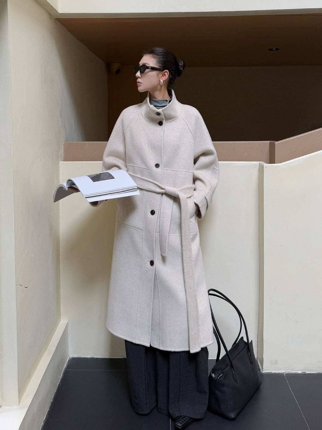 Damen Oversize Wollmantel mit Stehkragen und großen Pattentaschen Shop Nory