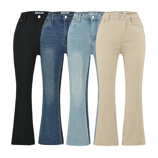 Damen Highwaist-Schlaghose aus Stretch-Denim mit fünf Taschen und rohem Saum Shop Nory