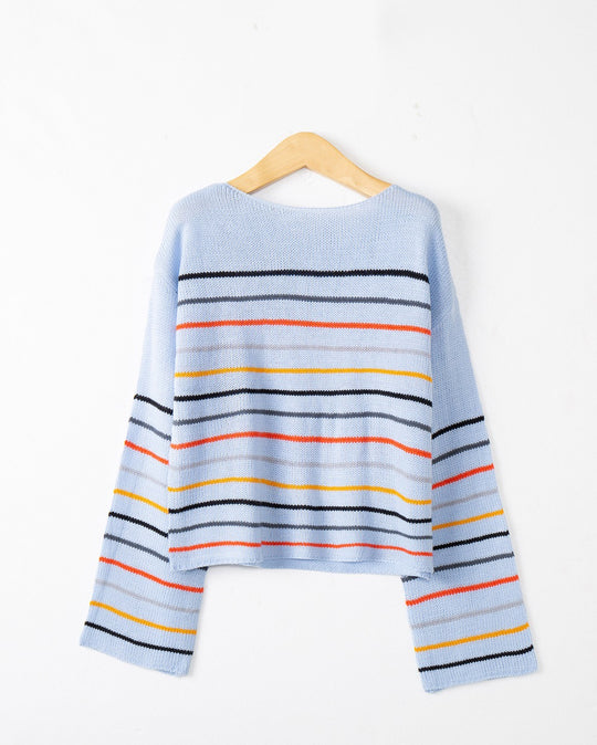 Damen Kurzgeschnittener Feinstrick-Pullover mit Rundhalsausschnitt, mehrfarbigen Horizontalstreifen und überschnittenen Schultern Shop Nory