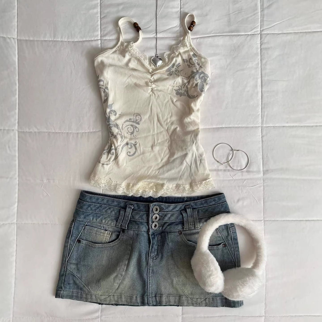 Damen Verspieltes Spaghetti-Träger Top mit Spitzendetails Shopnory