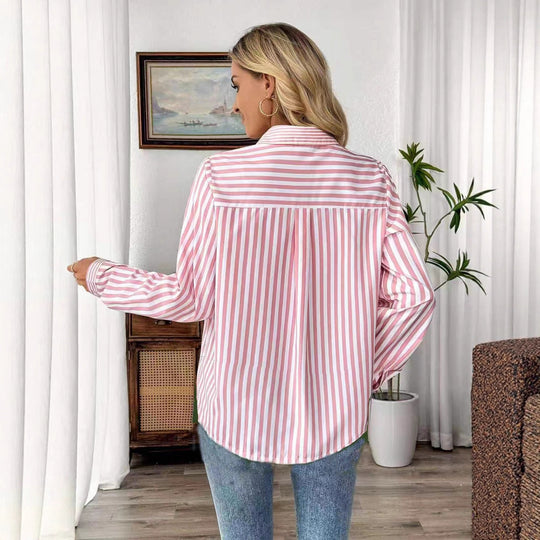 Damen Oversized-Casual Hemdbluse mit kontrastierenden Streifen und aufgesetzter Brusttasche Shop Nory