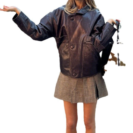 Damen Kurz geschnittene Oversize-Lederjacke mit Rundkragen und Pattentaschen Shop Nory