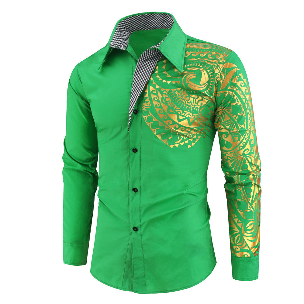 Herren schmal geschnittenes Hemd mit polynesischem Druck, Kontrastkragen und Ärmelmotiv Shop Nory