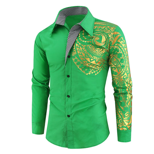 Herren schmal geschnittenes Hemd mit polynesischem Druck, Kontrastkragen und Ärmelmotiv Shop Nory