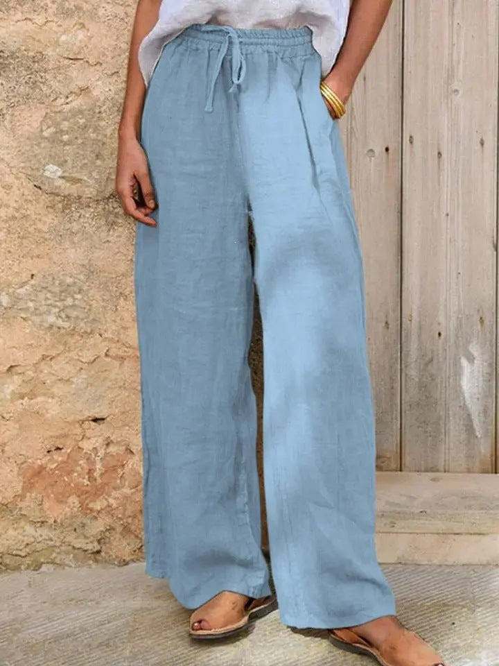 Damen Hochgeschnittene Leinenpalazzo-Hose mit Kordelzug und weitem Bein Shop Nory