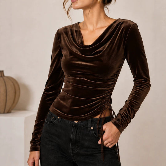 Damen Samtoberteil mit Wasserfallkragen, seitlicher Raffung und Schnürdetail Shop Nory