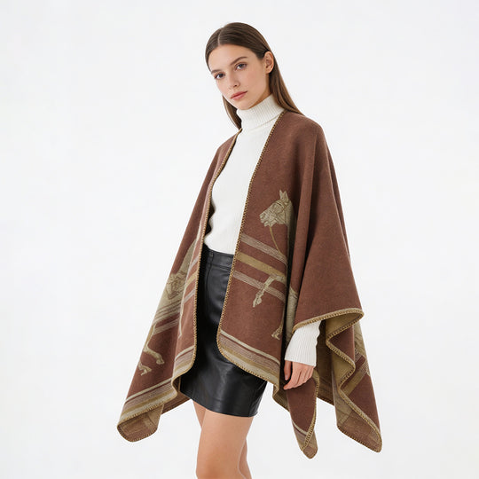 Damen Poncho-Cape aus Wollmix mit gewebtem Pferde-Jacquard und kontrastkettelung Shop Nory