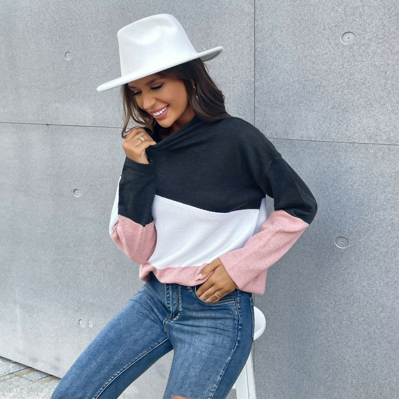 Damen Dreifarbiger Strukturstrick-Pullover mit Stehkragen und lässiger Oversize-Silhouette Shop Nory