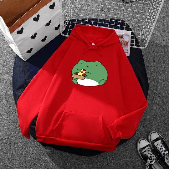 Damen nan gemütlicher Kapuzenpullover mit kawaii Frosch‑Pizza‑Motiv und oversized Relax‑Fit Shop Nory