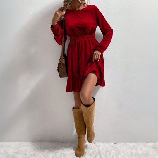Damen Samt‑Minikleid mit elastischer Taillennaht und stufigem Volantrock Shop Nory