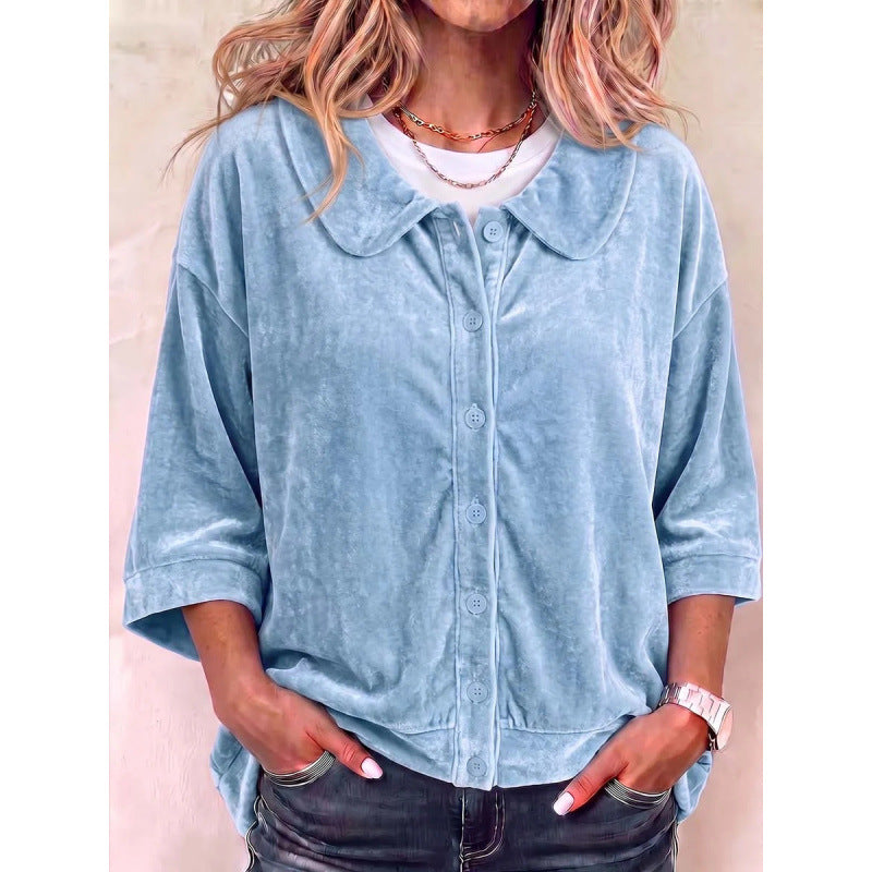 Damen Samt-Button-Down-Hemdbluse mit abgerundetem Kragen Shop Nory