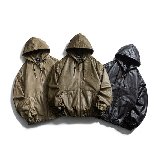Herren Kurz geschnittene Kunstleder-Kapuzenjacke im Boxy‑Cut mit elastischem Saum und Kängurutaschen Shop Nory