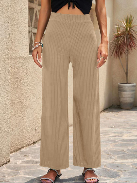Damen Weite, gestreifte Plisseehose mit hohem Bund und elastischem Taillenbund