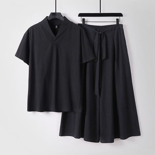 Damen Leichtes Loungewear-Set mit V-Ausschnitt-Shirt und weit schwingendem Midirock mit Kordelzug Shop Nory