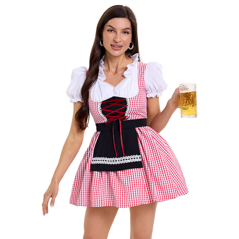Damen nan kurzes kariertes Trachten Dirndl mit Schnürung Puffärmel und Schürze Shop Nory