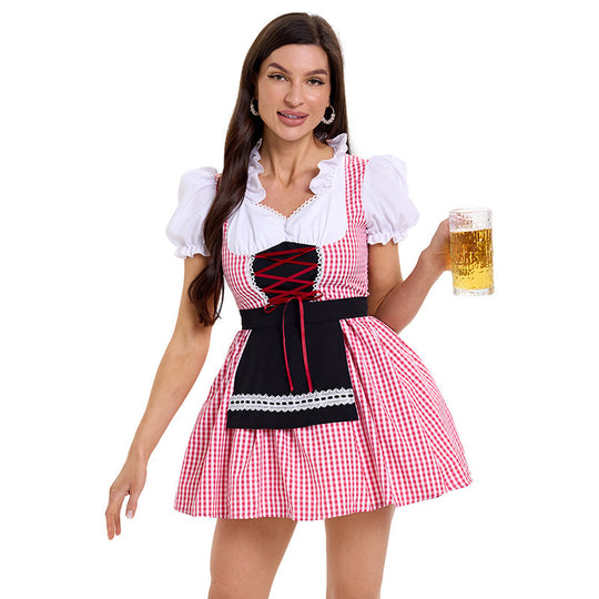 Damen nan kurzes kariertes Trachten Dirndl mit Schnürung Puffärmel und Schürze Shop Nory