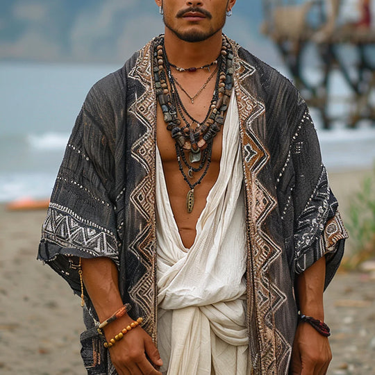 Herren Leichter Boho-Kimono-Mantel mit Ethno-Stickerei Shop Nory