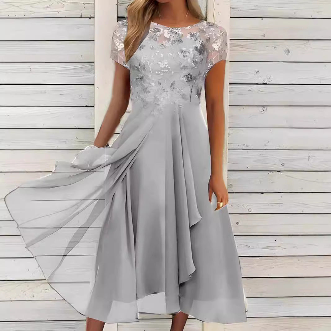 Damen nan elegantes Chiffon-Midikleid mit floraler Spitzenapplikation und fließendem Tellerrock