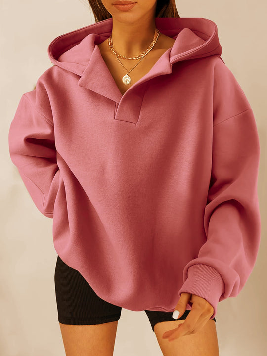 Damen Oversize-Kapuzenpullover mit V-Öffnung, tiefer Schulternaht und gerippten Bündchen Shop Nory