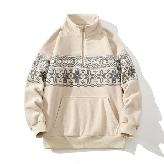 Unisex Norwegermuster-Fleecejacke mit Stehkragen, durchgehendem Reißverschluss und Kordelzug Shop Nory