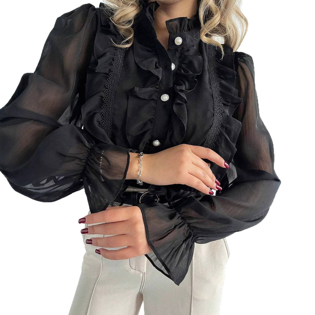 Damen Rüschenbluse aus Chiffon mit Stehkragen und Perlenknöpfen Shop Nory