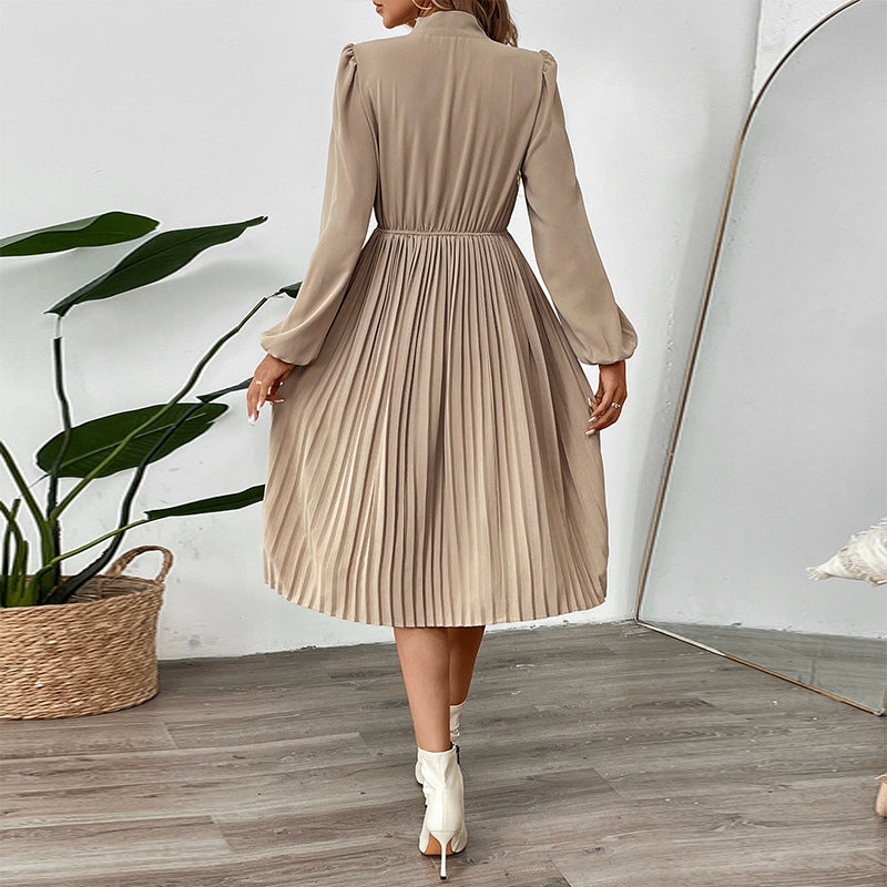 Damen Plissiertes Midikleid mit Schleifenkragen, tailliertem Gummibund und langen Ballonärmeln Shop Nory