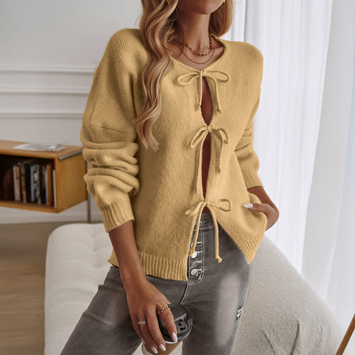 Damen nan lässiger Strickpullover mit dreifacher Binderei, offener Schlitzfront und gerippten Bündchen Shop Nory