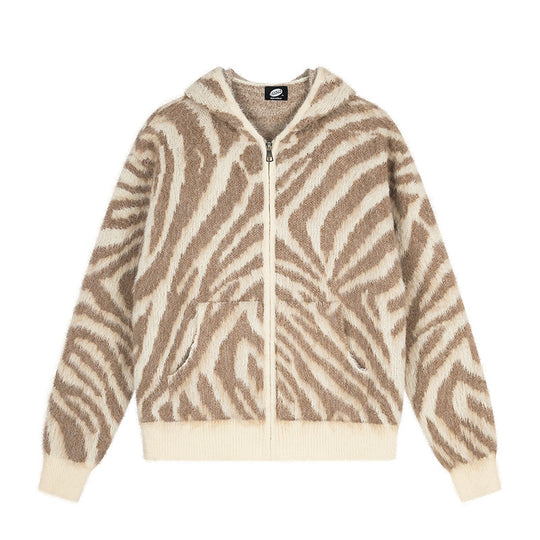 Damen Flauschige Zip-Kapuzen-Strickjacke mit Zebra-Jacquard und Kängurutasche Shop Nory