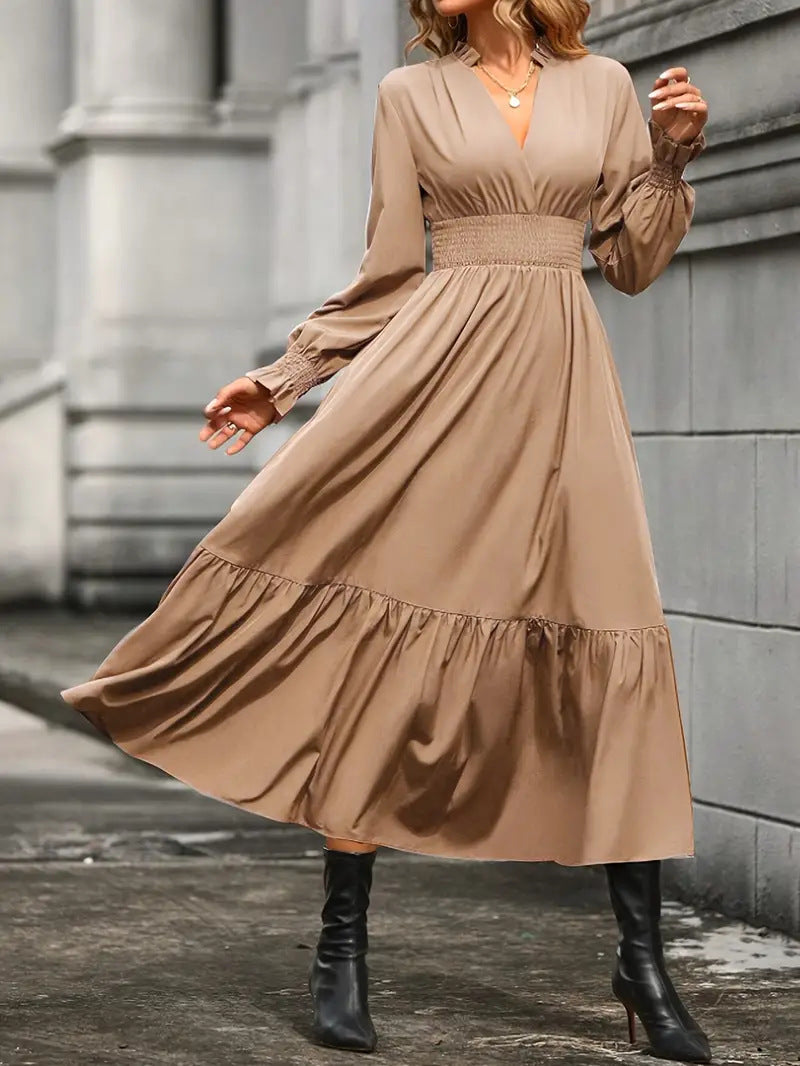 Damen Maxikleid mit elegantem V-Ausschnitt und voluminösen Ärmeln