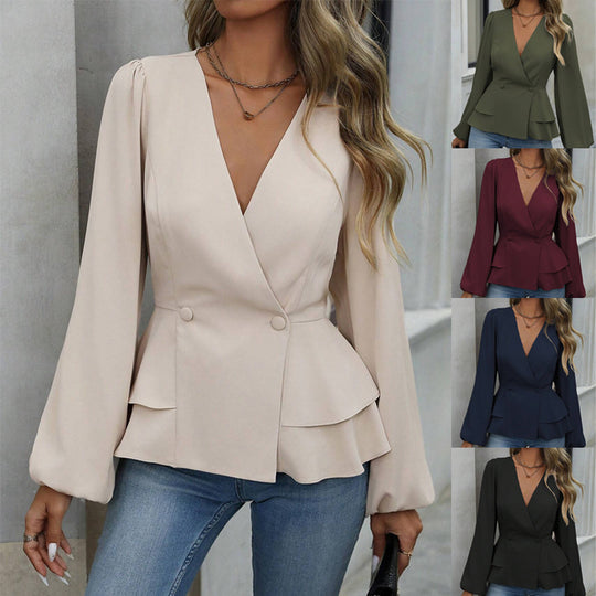 Damen taillierter Wickel-Blazer mit Schößchen und Ballonärmeln Shop Nory