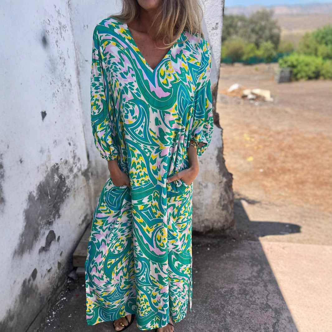 Damen Langarmkleid mit V-Ausschnitt und praktischen Taschen Shopnory