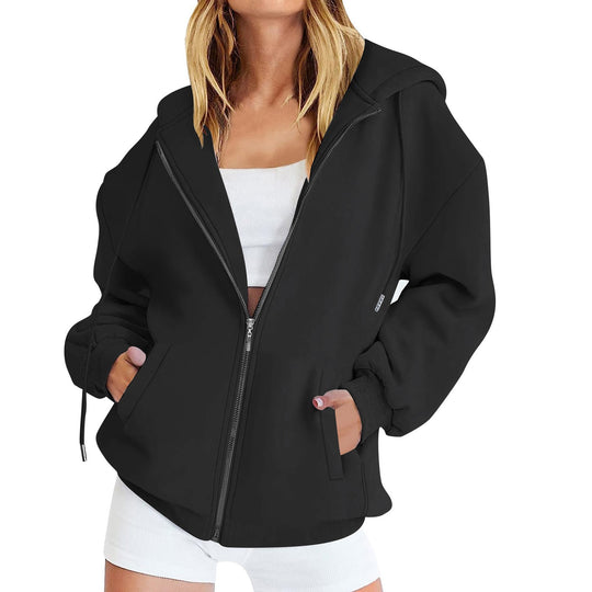 Damen nan lässige Zip-Hoodie-Jacke im Boxy-Cut mit überschnittener Schulter, verdecktem Tunnelzug und großen Kängurutaschen Shop Nory